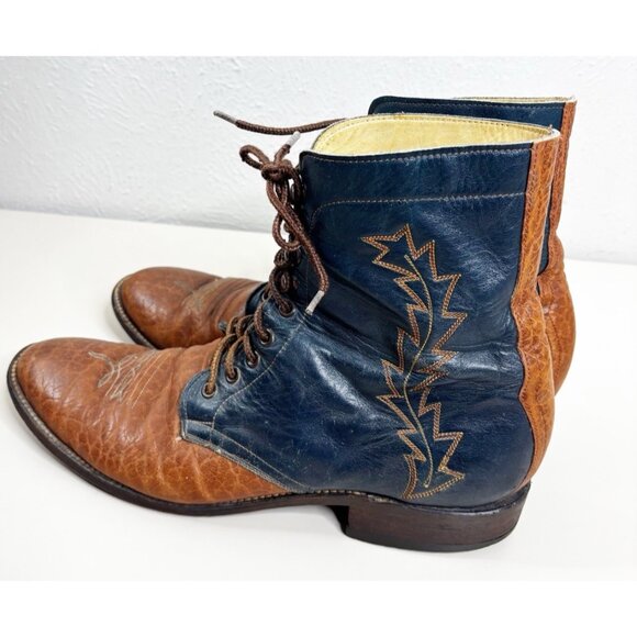 VTG Hondo Sz 12.5 A  Narrow Men Lace Up Boots Leather Brown/Blue GUC main image 8